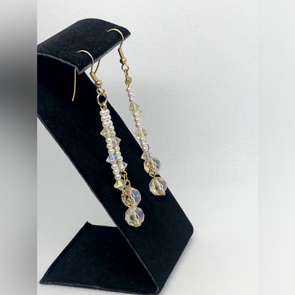 Hand Crafted Iridescent Beaded & Pearl Dangle Earrings - Picture 4 of 5